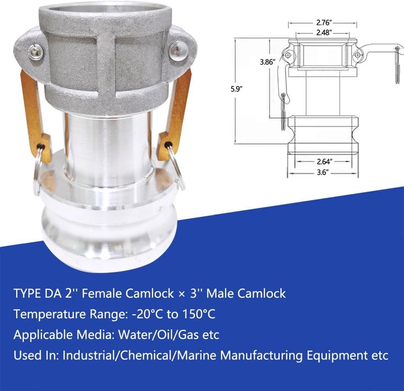 ISESLVNA Camlock Fitting Type DA, 2" Female Camlock x 3" Male Camlock, Reducer Adapter, Cam Groove Hose Fitting (Silver, 2" Female Camlock x 3" Male Camlock) - Image 1
